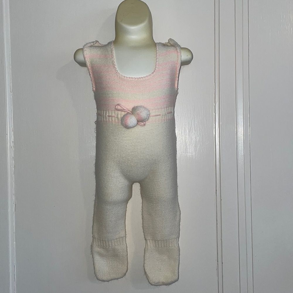 Vtg 60s pink & cream baby/infant sweater onesie‎ footie romper